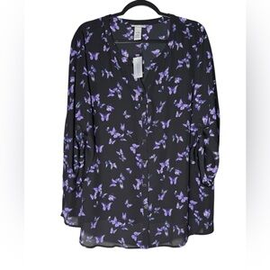Catherines Womens Button Front Blouse 1X 18/20W Black Purple Butterfly Print NWT